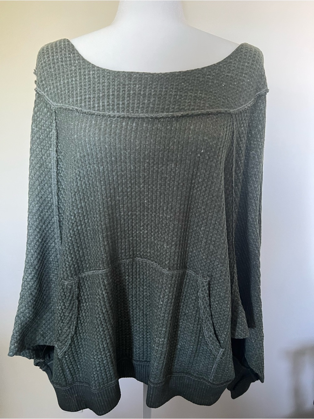We The Free Olive Green Off-Shoulder Waffle Knit Pullover